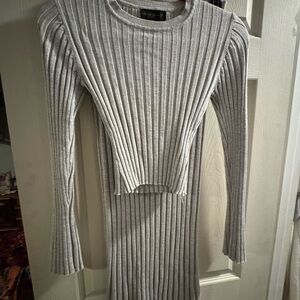 Gray Ribbed Knit Long Sleeve Crop Top & Long Pencil Skirt Set